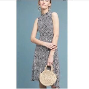 Anthropologie Maeve Cleary Mock Neck Sleeveless Midi Dress, Black White, Sz XL